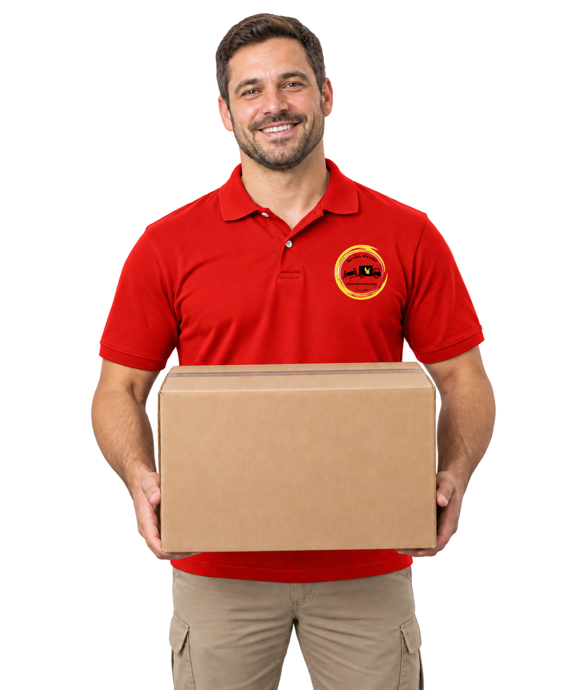 Smiling Fast Quality Moving Inc. mover holding a moving box